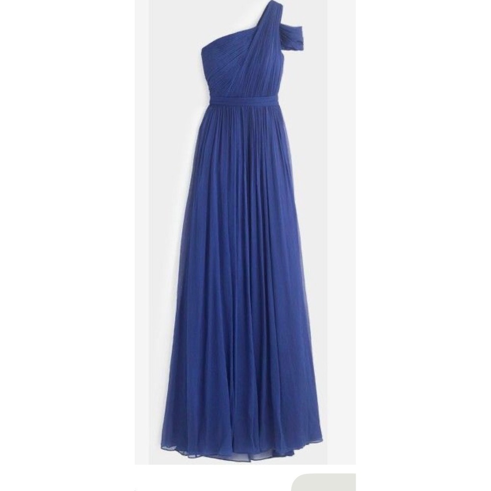 J.Crew Royal Blue Silk Chiffon One Shoulder Maxi Dress Gown Womens 8 Pleated